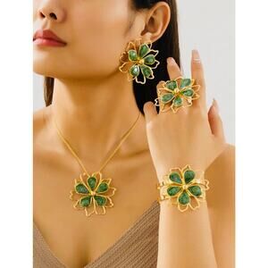 5Pc: White/Gold Lotus Flower 3D Ring, Bracelet, Earrings, & Necklace, NIP